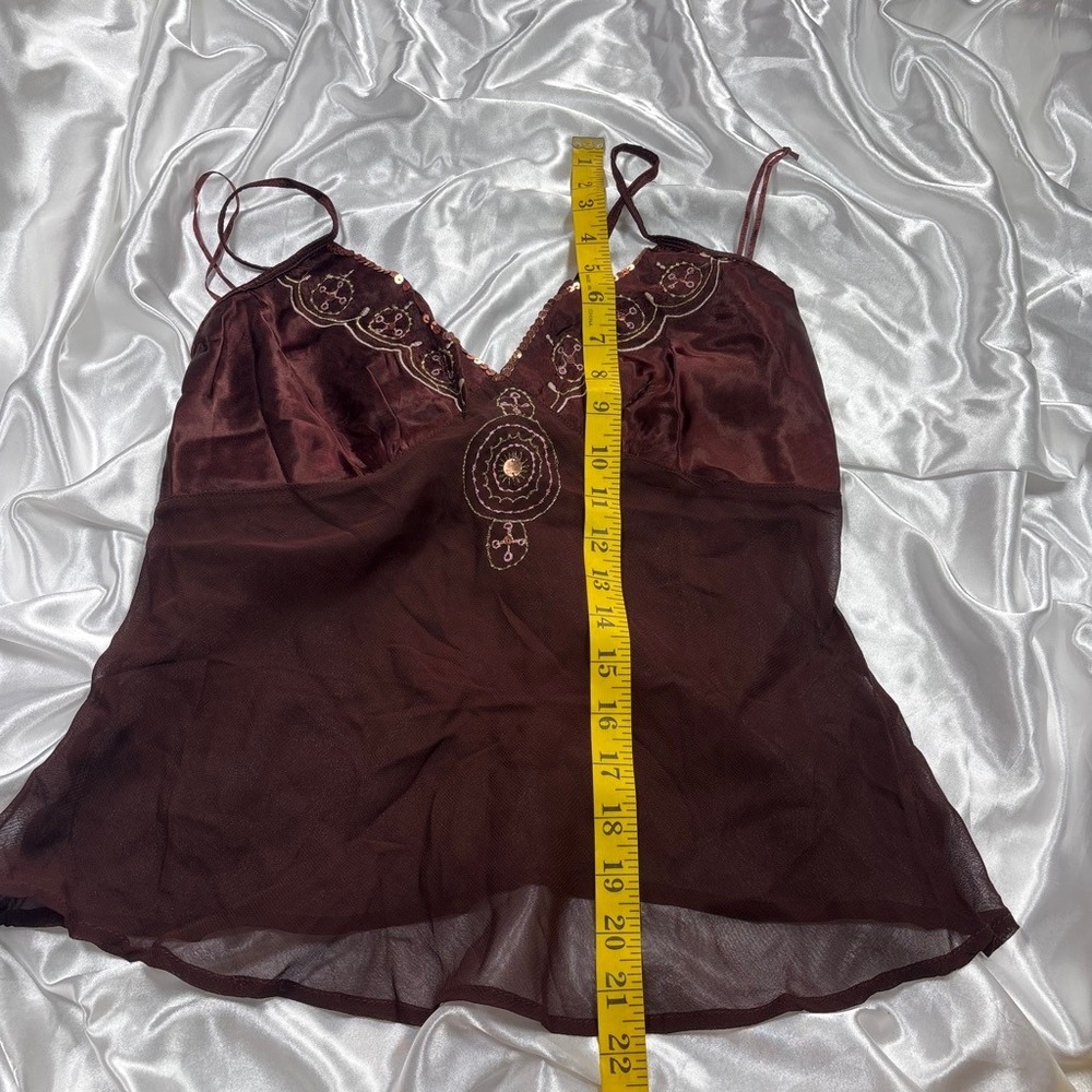 y2k Angie Cami Top Brown Sheer Sequin Embroidered Boho Medallion M - Picture 6 of 6